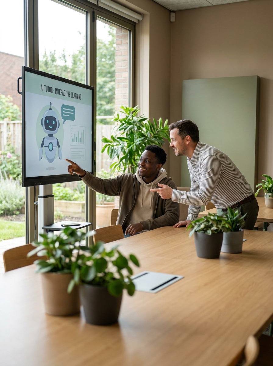 Student learning with an AI tutor on screen
